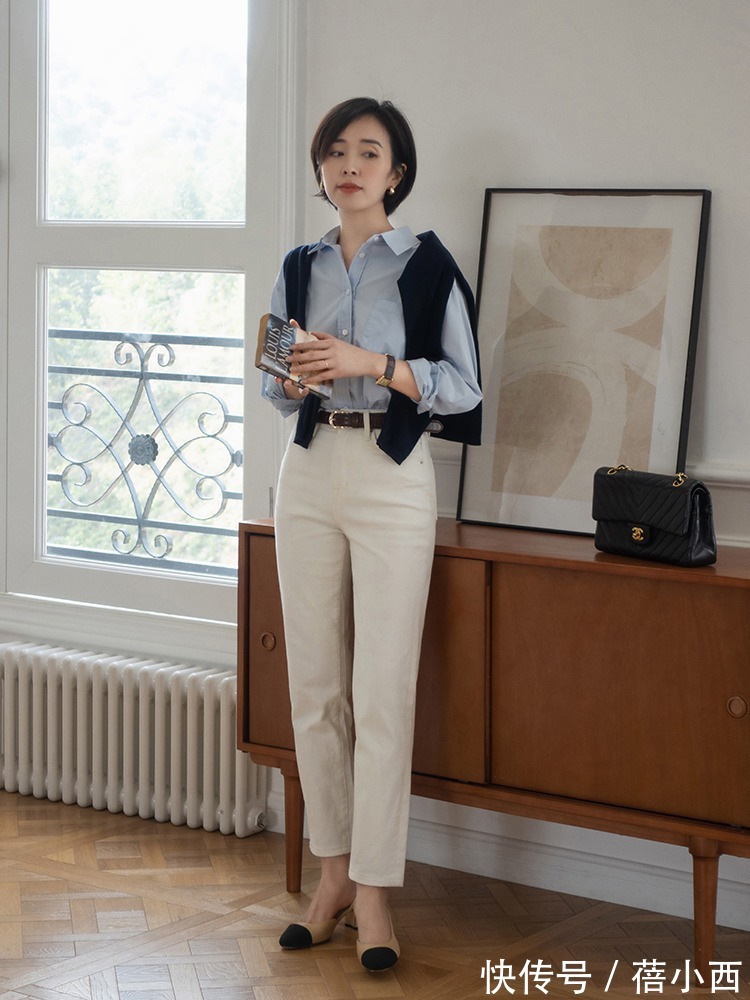 下图 春天还是穿衬衫、针织开衫最优雅,搭配阔腿裤、牛仔裤高级又时髦