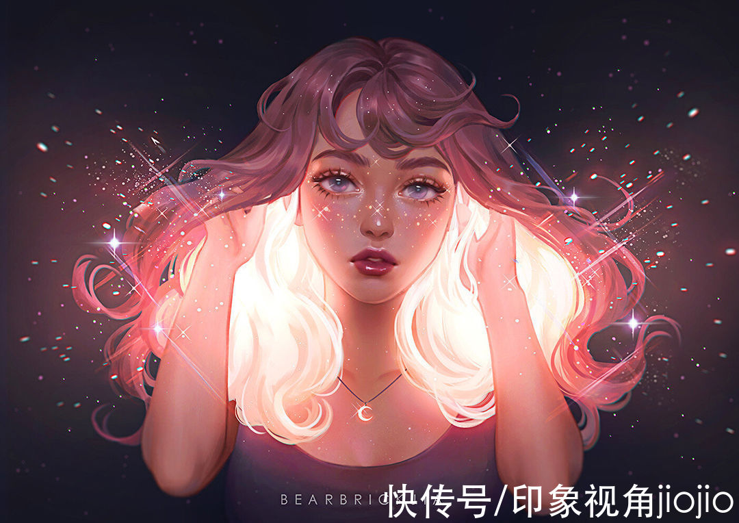 超现实主义|如星辰大海般的梦幻少女插画，高光亮眼的配色太绝了