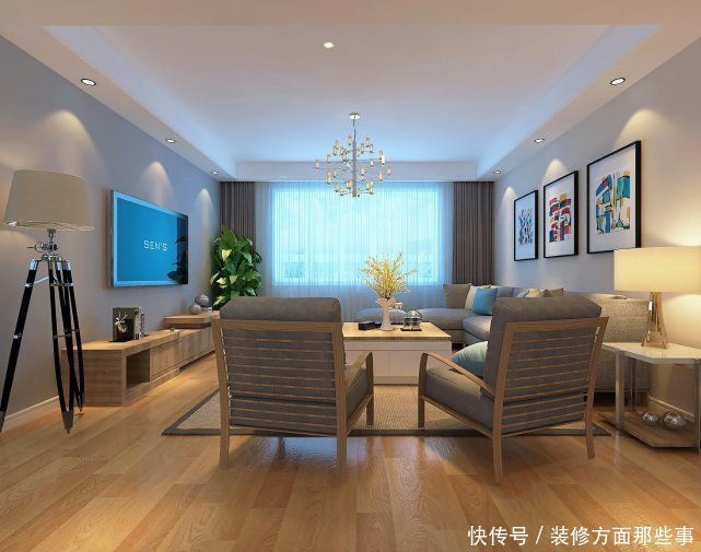 三居室|150平简约风三居室,灰蓝色点缀整个白色的空间,让客厅清爽干净