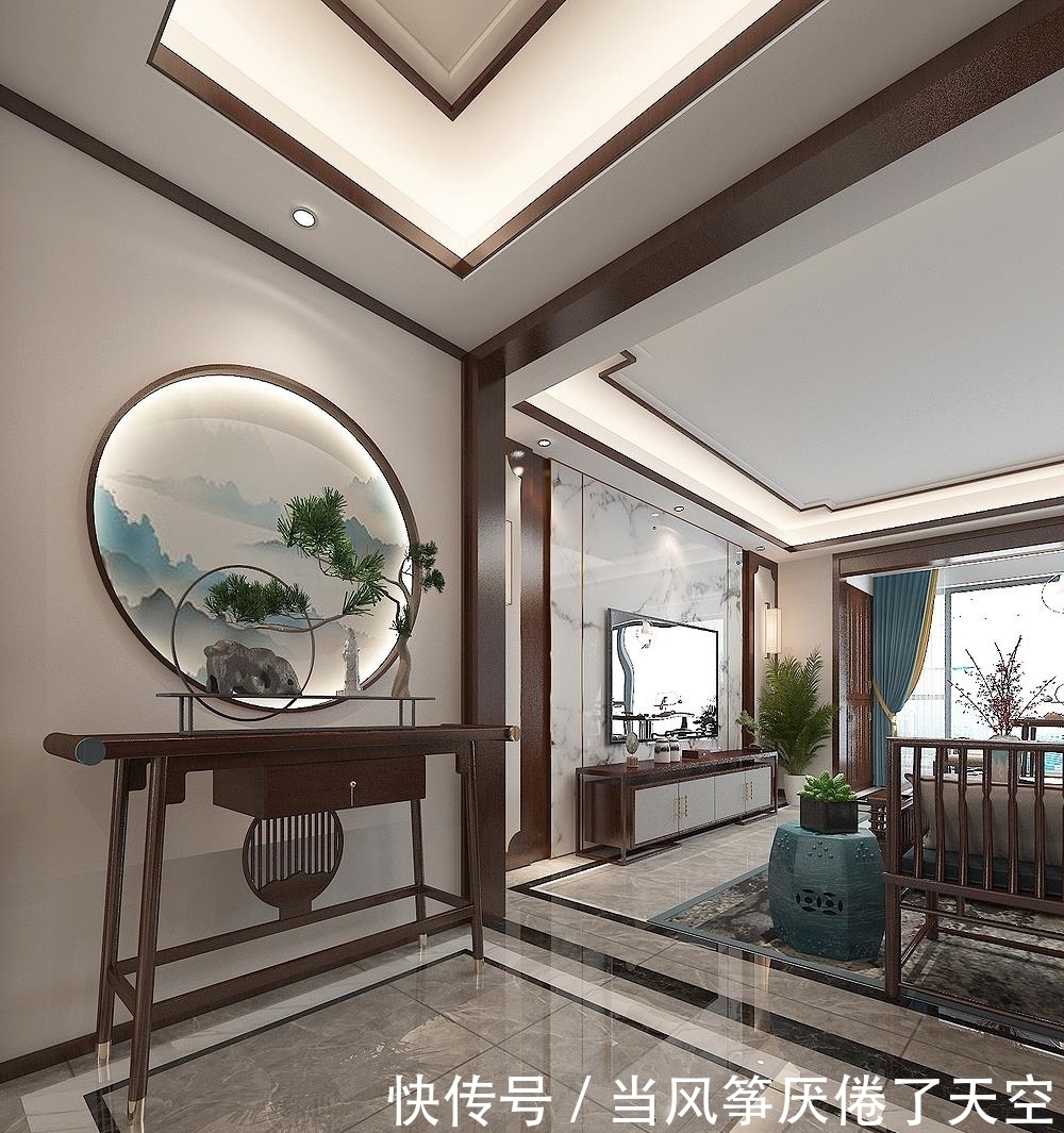 山水画|他家的中式风太好看了，入户玄关的圆形造型，很有中式意韵和品味