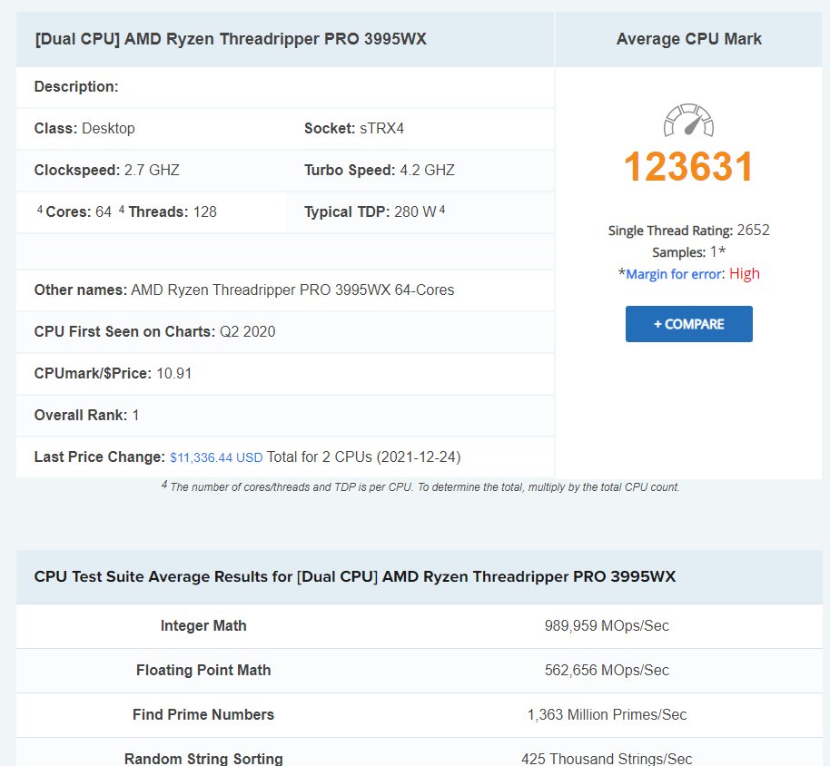 双路|AMD 线程撕裂者 CPU 可支持双路运行，Pro 3995WX 跑分曝光