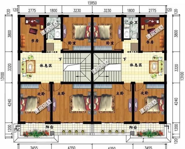 30万左右建一栋两层双拼别墅，每户卧室4-5个，很实用的设计