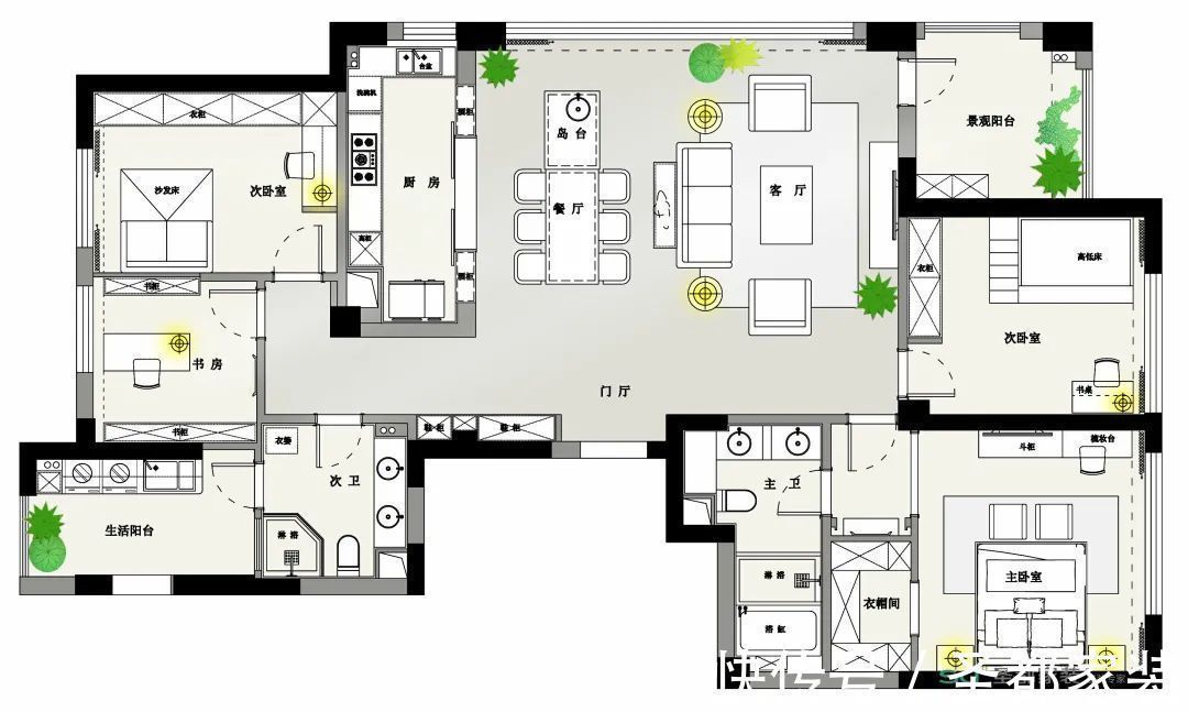 家居|206㎡大户型装修案例：超大横厅+衣帽间+景观阳台，神仙配色 心动