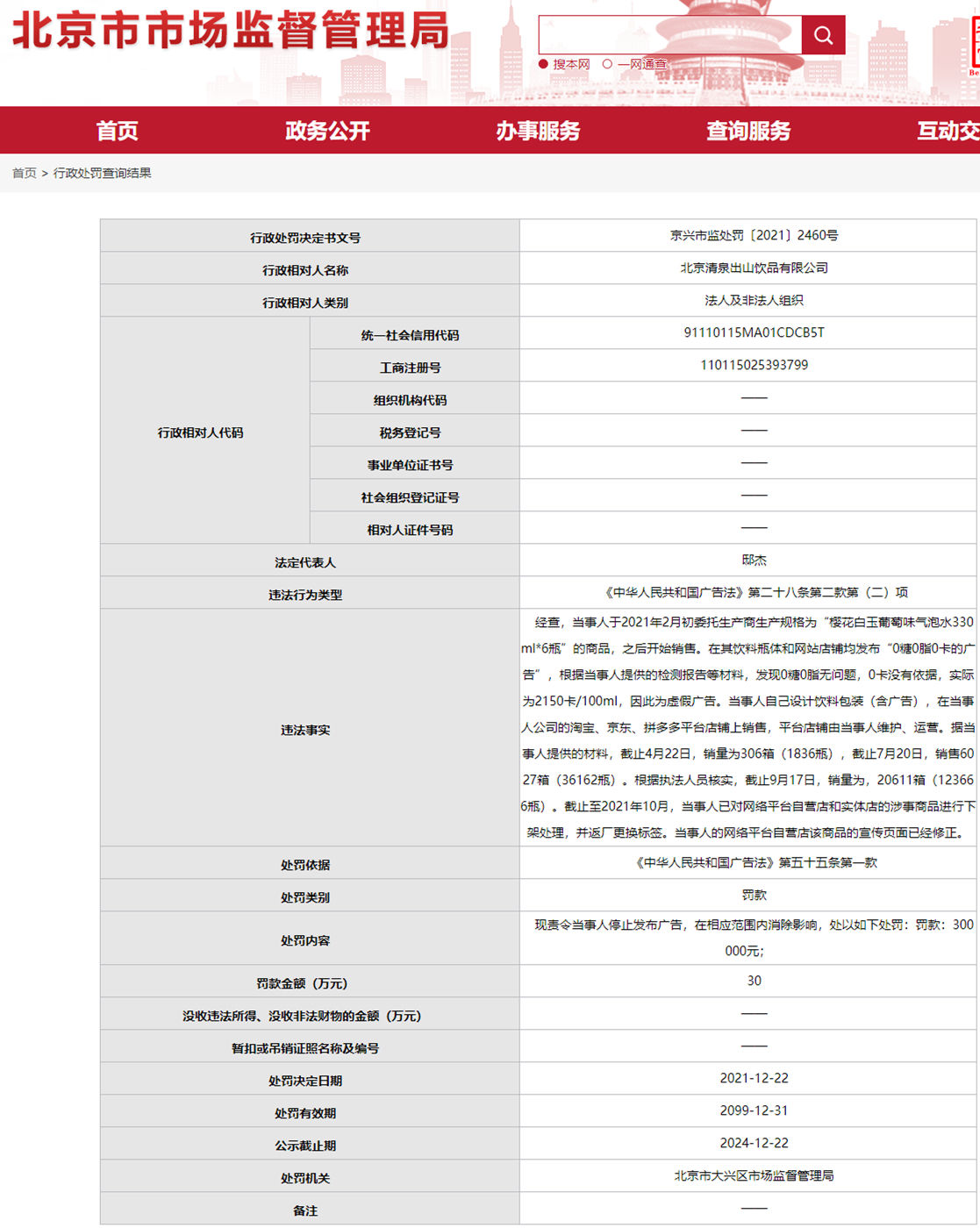中华人民共和国广告法|清泉出山公司违法被罚 广告称气泡水0卡实为上千卡