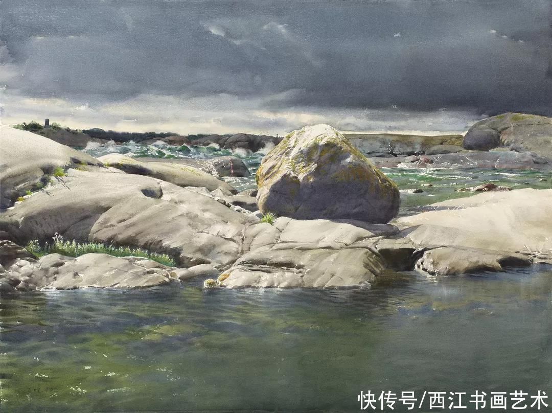 克拉科夫$这位瑞典水彩画家把海边的石头质感画得好极了