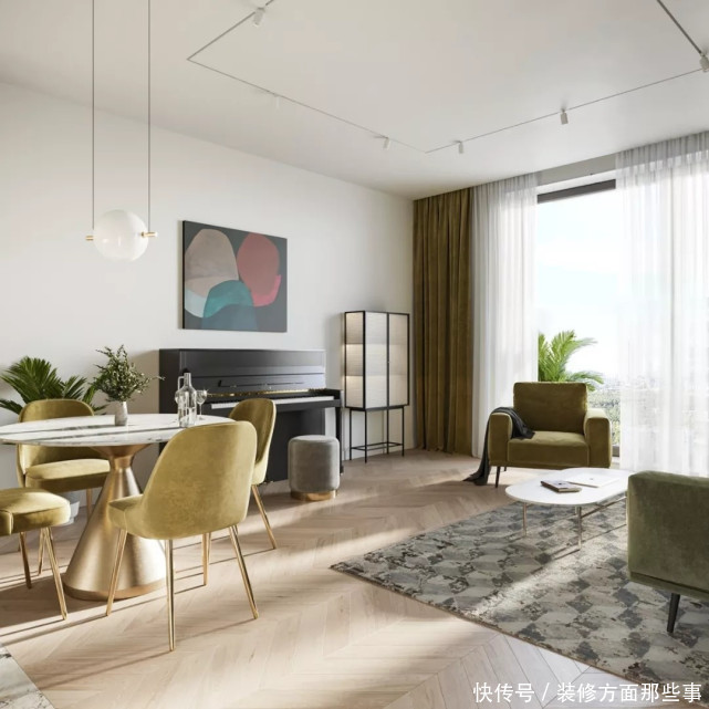 开阔性|120平做二居室客厅居然敢用姜黄色、草绿色家具,但是还挺好看