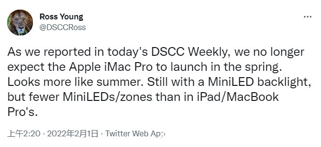 led|搭载Mini LED屏幕的新款IMac Pro可能要等到夏季之后才会亮相