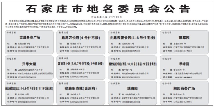 单位|官方发布!石家庄12大项目新获标准地名 涉及融创、中宏等