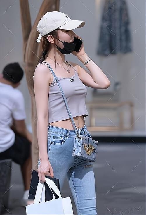 美女街拍：破洞牛仔裤与吊带背心的搭配虽然简约，但是时髦显瘦