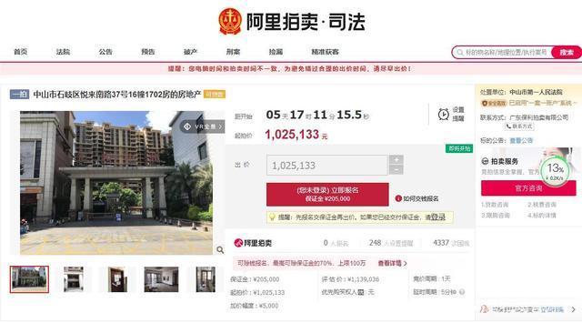 房地产|广东省中山市一120平房产将拍卖，以102万元起拍