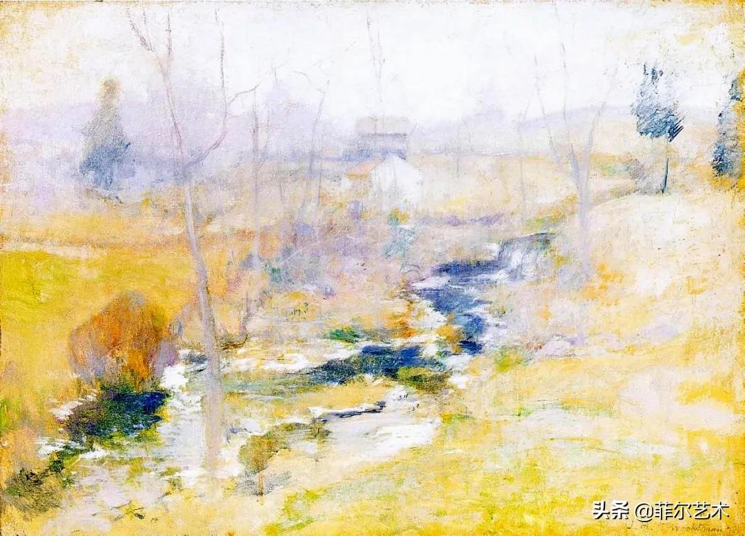 油画&这幅油画作品有着独特精致的构图,以及柔美优雅并带有诗意的风景