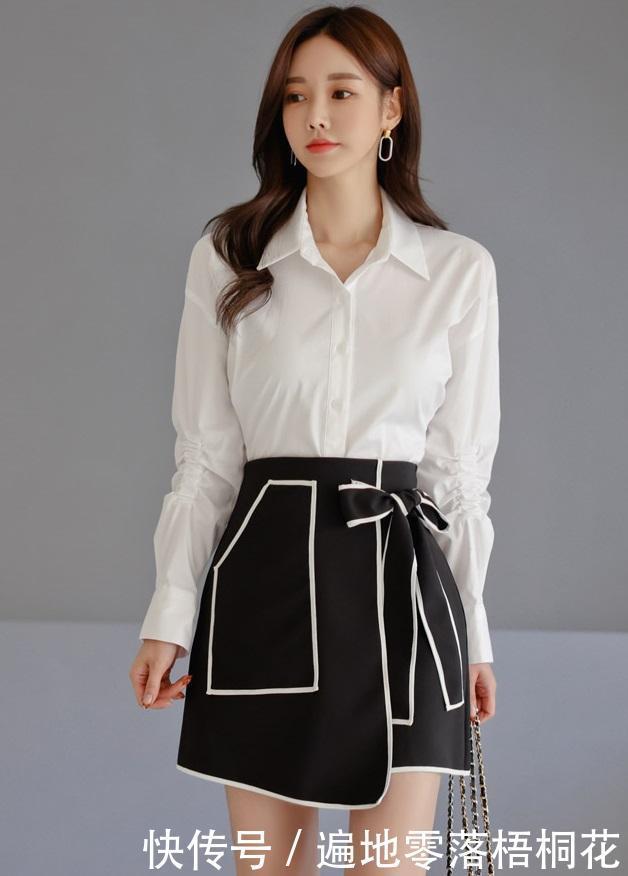 黑白相间|洁白质感利落衬衫,搭配黑白相间包臀裙,展现孙允珠纯洁无瑕