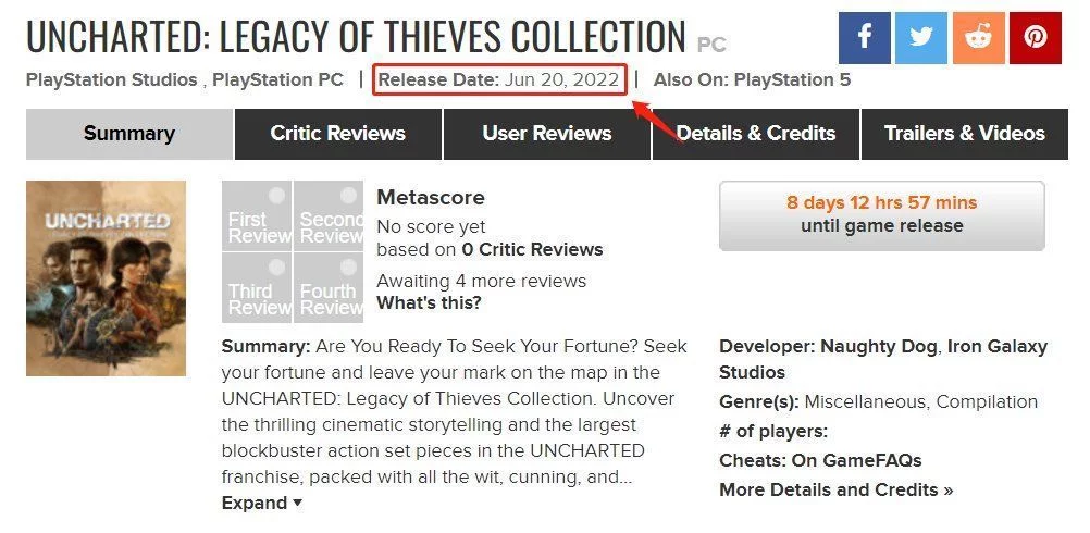 <b>新开传奇超变Metacritic显示《神秘海域：盗贼传奇合辑》PC版6月20日发售</b>