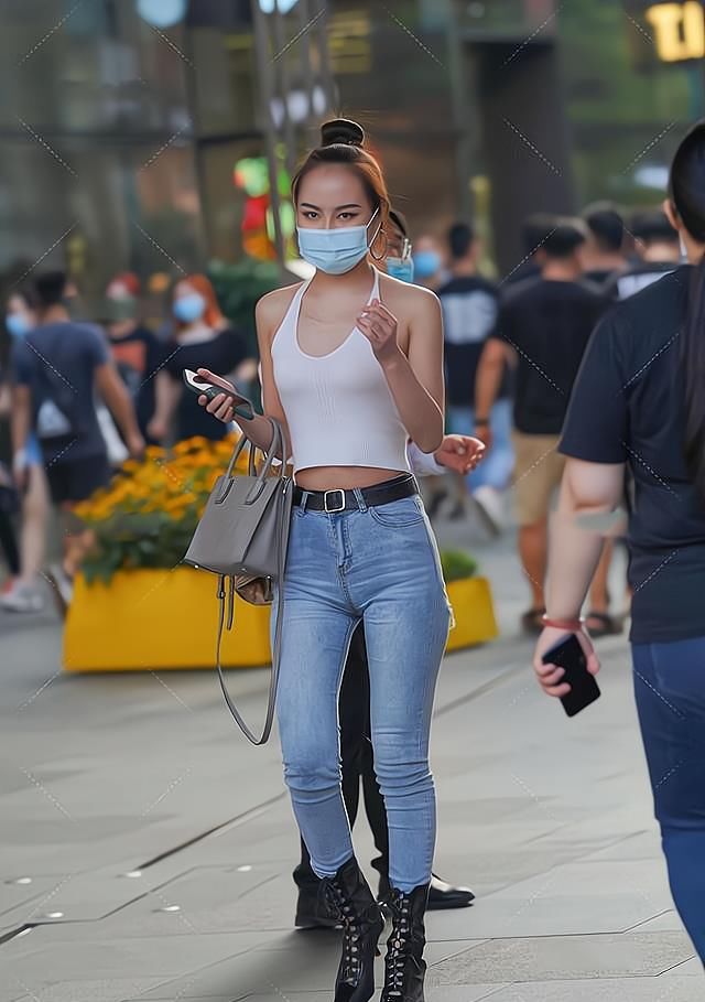 白背心配蓝牛仔裤，虽然很简单，但选鞋也一样很酷