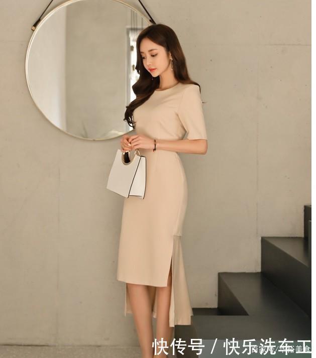 腰围|时尚风格孙允珠柔软的羊绒不对称腰围四分袖连衣裙