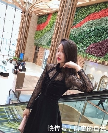 淑女气质,款蕾丝立领,丝绒A字连衣裙穿搭