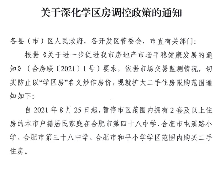 二手|刚刚!合肥宣布扩大限购范围!建立热点学区二手住房交易指导价