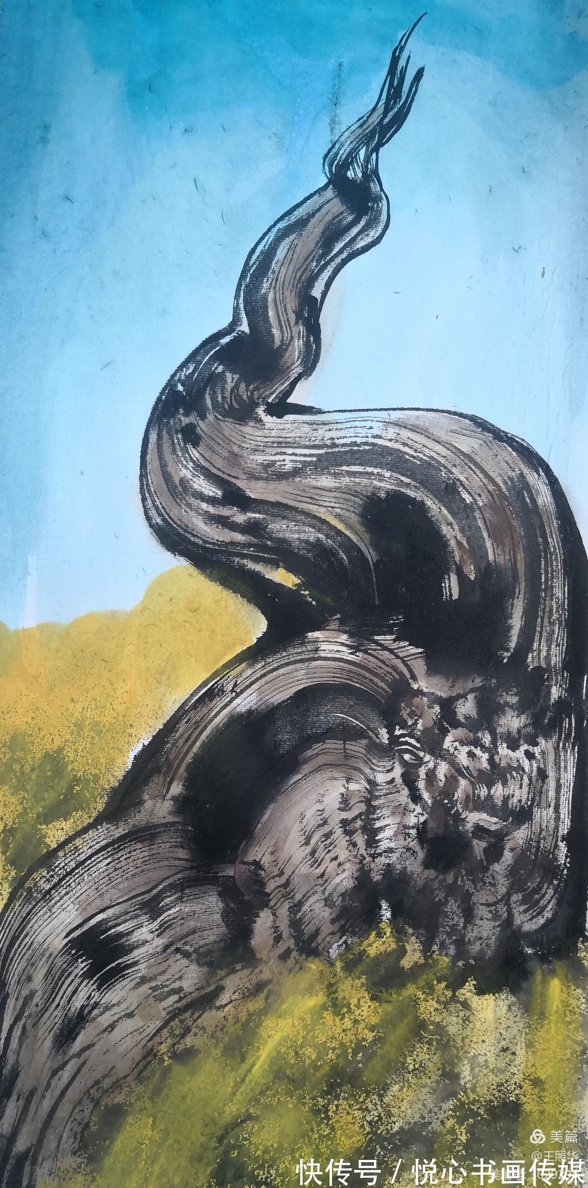 余白#著名画家王照华国画胡杨与雄鹰作品赏析