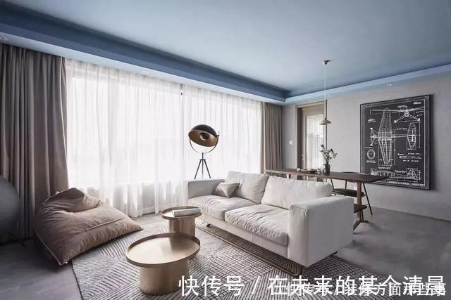 新家|108㎡现代三居室,蓝色吊顶,水泥背景墙,时尚有格调的新家