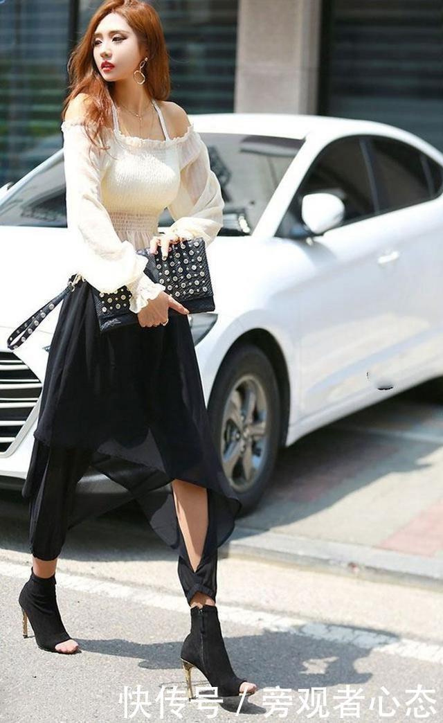 雪纺裤|小姐姐一条黑色雪纺裤非常有设计感,显得整个人非常飘逸