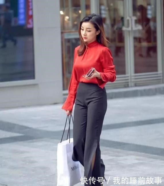 高跟鞋 气质女孩的穿搭，分叉阔腿裤与红色衬衫相搭配，造型优雅大方！