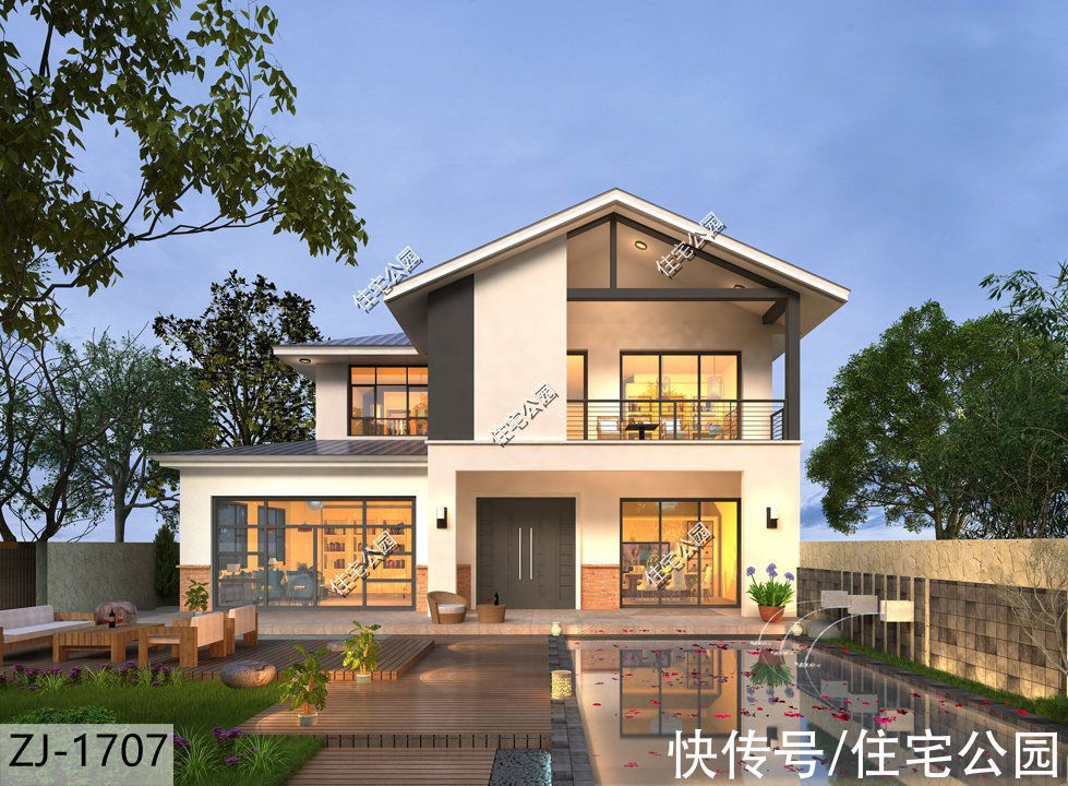 阳台|13×12米农村二层别墅,有车库有阳台,照图建房准没错