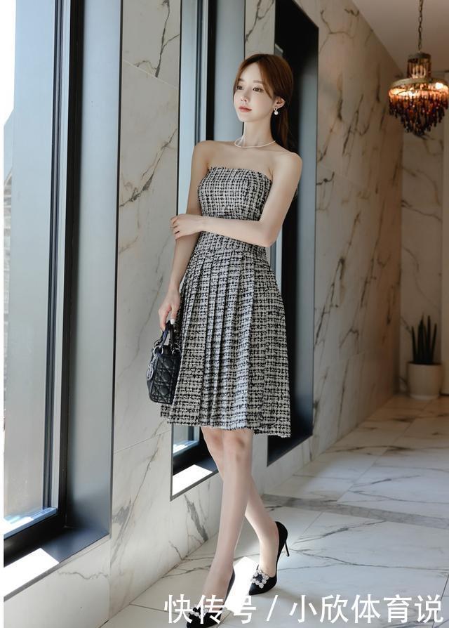 束腰|清凉穿搭孙允珠,棉麻灰白格子皱褶束腰抹胸裙