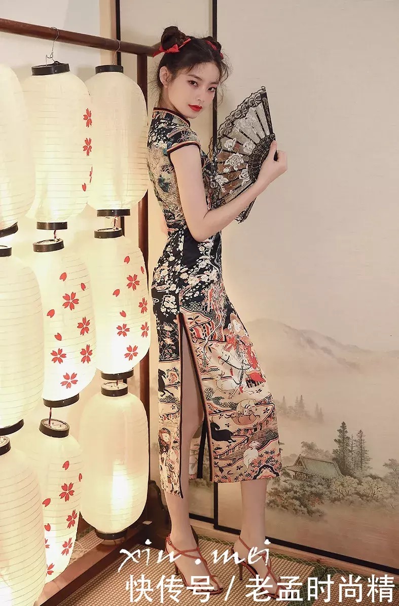 旗袍女人: 长款少女旗袍, 国潮短裙, 烈焰红唇丸子头, 美艳可爱