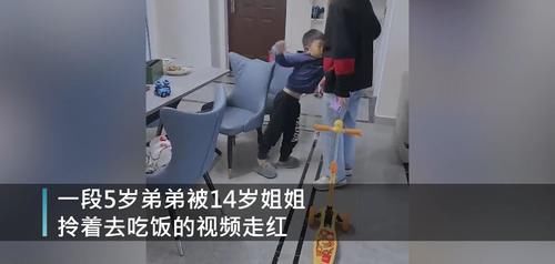 14岁姐姐拎着5岁弟弟吃饭 ，妈妈：一般都让姐姐教育弟弟