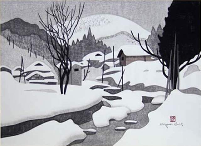 版画!日本近代版画大师斋藤清冬日雪景系列版画作品