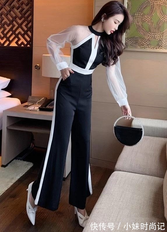 穿搭|法式黑白网纱拼接,穿出赫本风,名媛气质连体裤