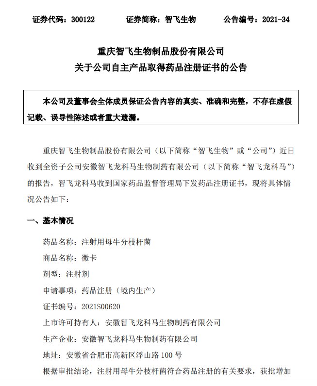 智飞生物：注射用母牛分枝杆菌获批准上市|渝股看台 | 分枝杆菌