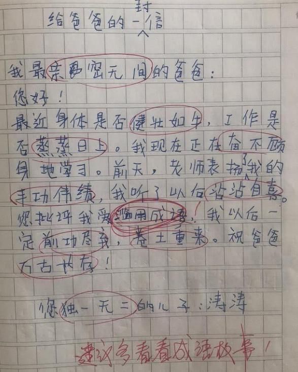 小学生作文《给爸爸一封信》，100字用11个成语，网友：甘拜下风