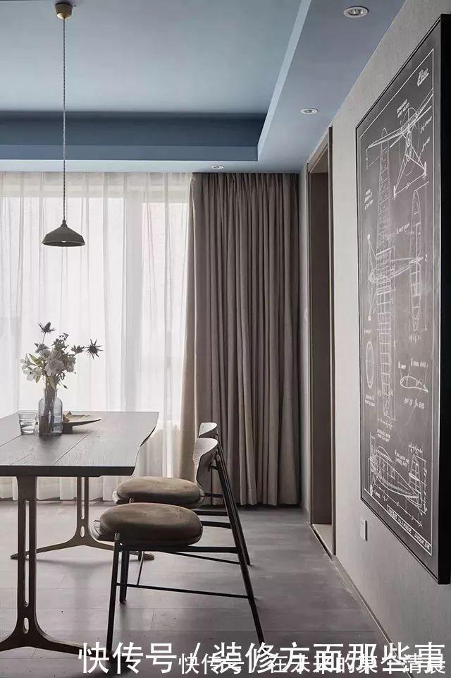 新家|108㎡现代三居室,蓝色吊顶,水泥背景墙,时尚有格调的新家