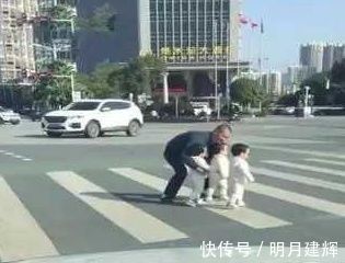 三胞胎|宝爸带着三胞胎宝宝过马路，嫌他们走得慢，于是一个熊抱直接抱走