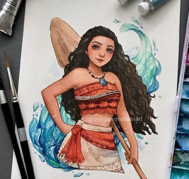 国风|水彩手绘风的迪士尼公主,艾莎美得很冷艳,花木兰国风韵味很漂亮