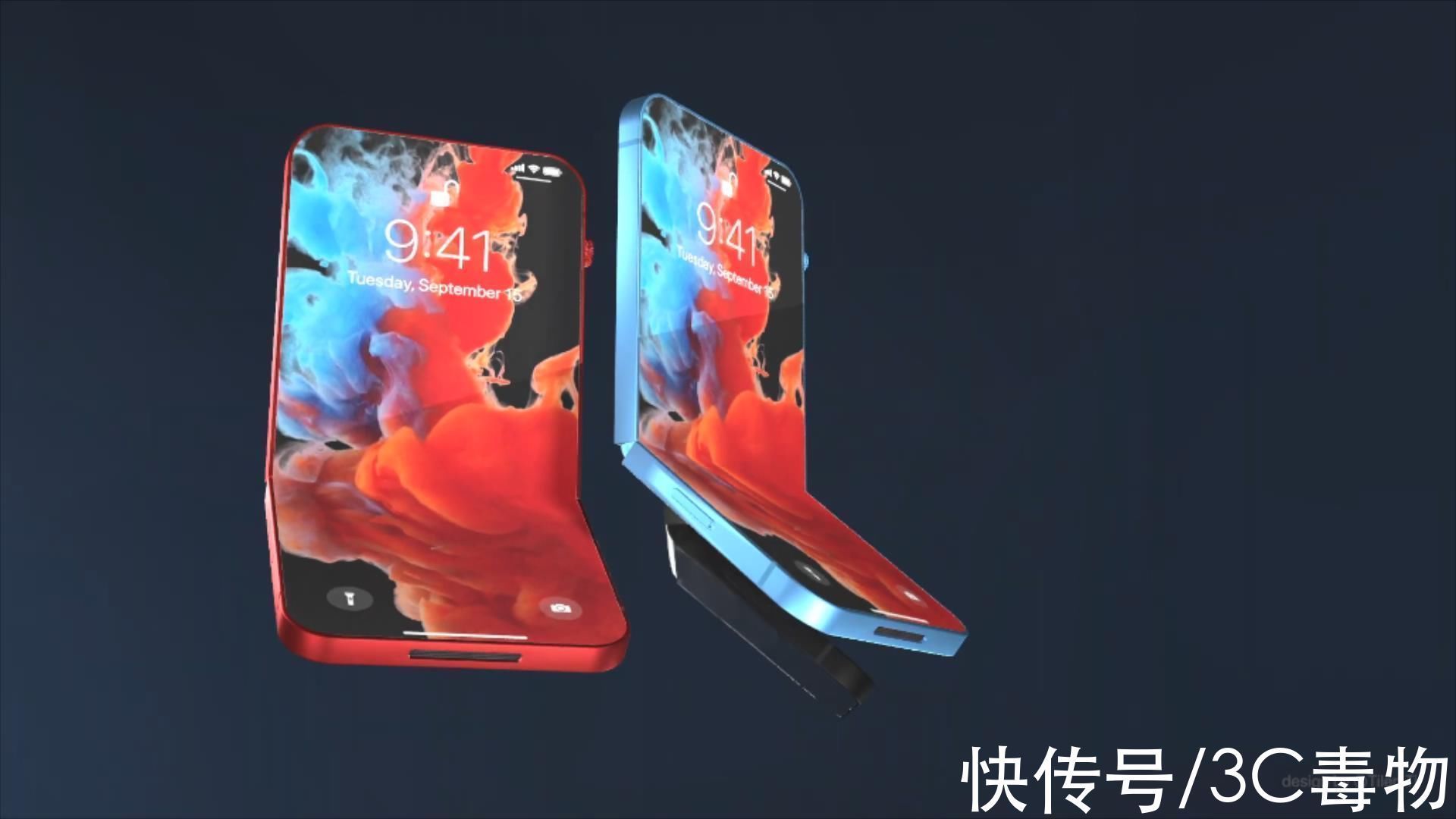 刘海屏|iPhone13Filp渲染图：半折叠机身后置四摄，砍刘海电源键换成表冠