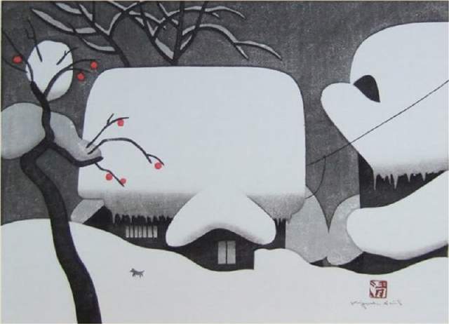 版画!日本近代版画大师斋藤清冬日雪景系列版画作品
