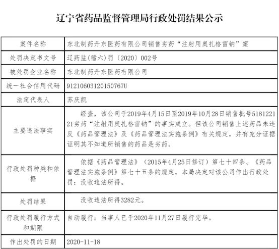  东北|东北制药丹东医药公司违法销售劣药 遭辽宁药监局处罚