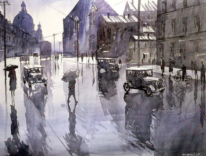 水彩画@波兰水彩画家拉法尔的街市景观画,耐看!