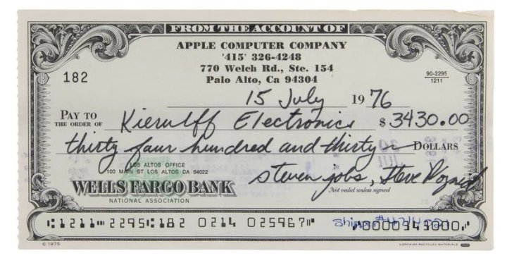 亲笔签名|至少14万多！苹果电脑公司早期支票将拍卖：乔布斯亲笔签名