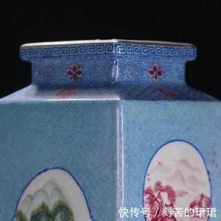 蓝釉&清,蓝釉粉彩开窗四方赏瓶