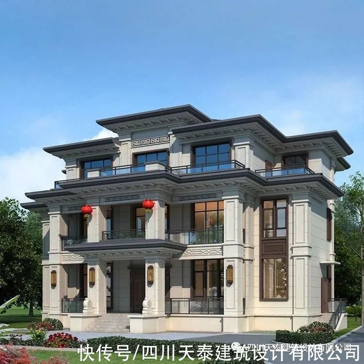中式风格|四川眉山仁寿三层新中式风格别墅，带堂屋挑空客厅，农村盖房图纸