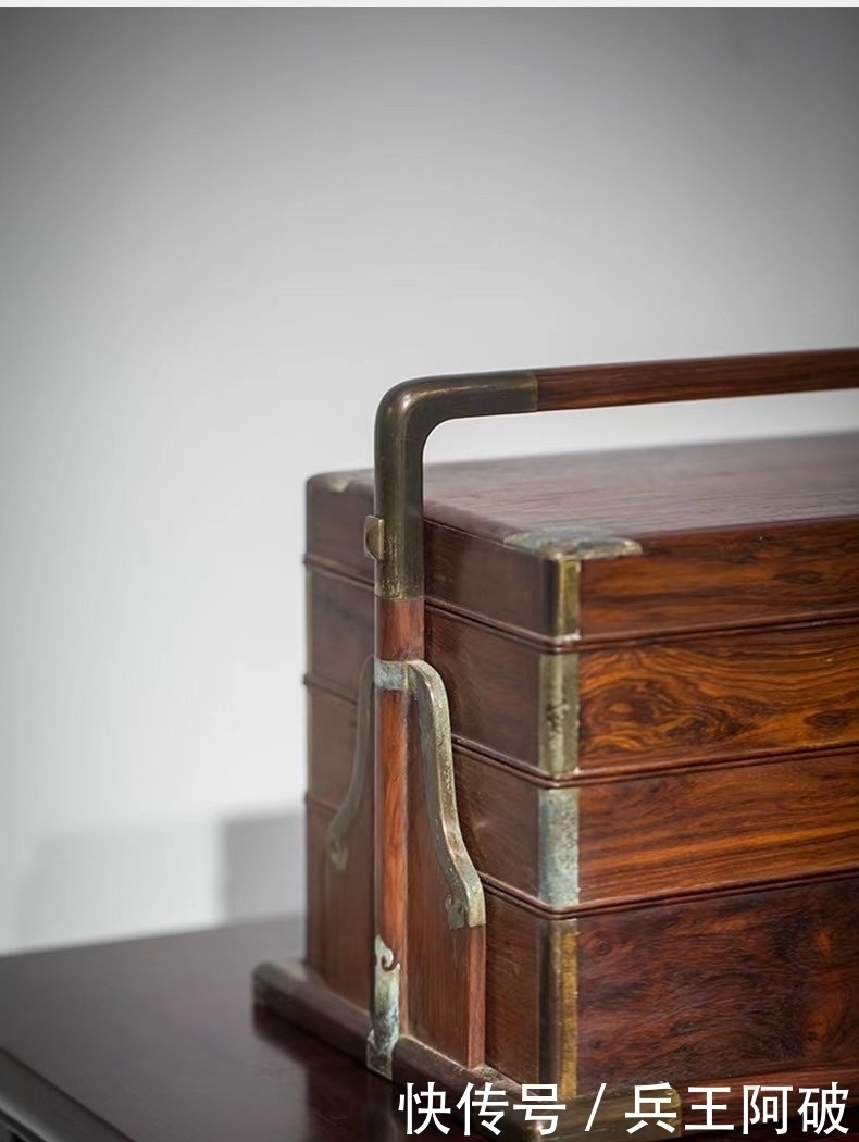 案头|文房案头收纳器,黄花梨铜包角,三撞提梁盒