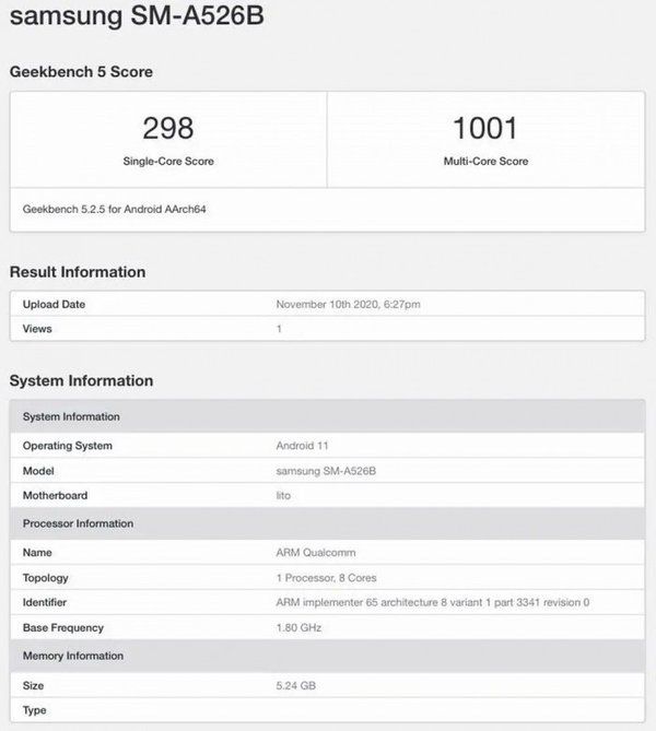 现身|三星Galaxy A52 5G现身GeekBench：骁龙750G+6GB内存