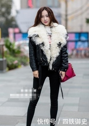 牛仔裤|路人街拍,黑色皮质外套搭配黑色紧身牛仔裤,小姐姐穿搭很减龄啊