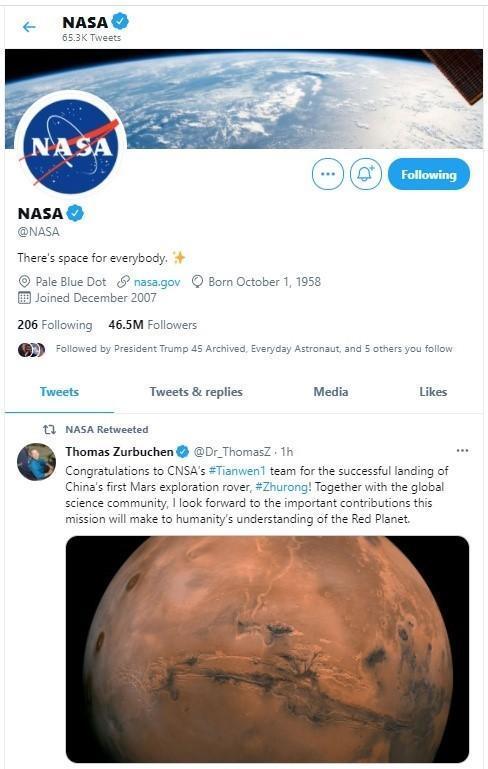 美国国家航空航天局 中国成功登陆火星,美国态度急转发来贺电,印度还有什么话说