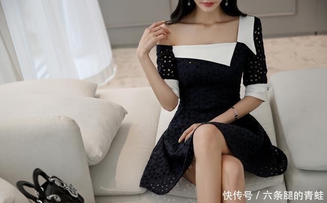 黑色|韩国模特孙允珠韩版白色领子拼接黑色镂空斜肩收腰连衣裙网拍