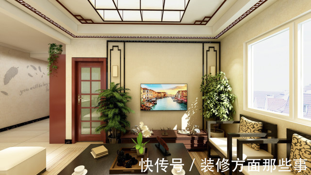 对称|89平新中式三居室,客厅的背景墙有种身处荷塘的感觉