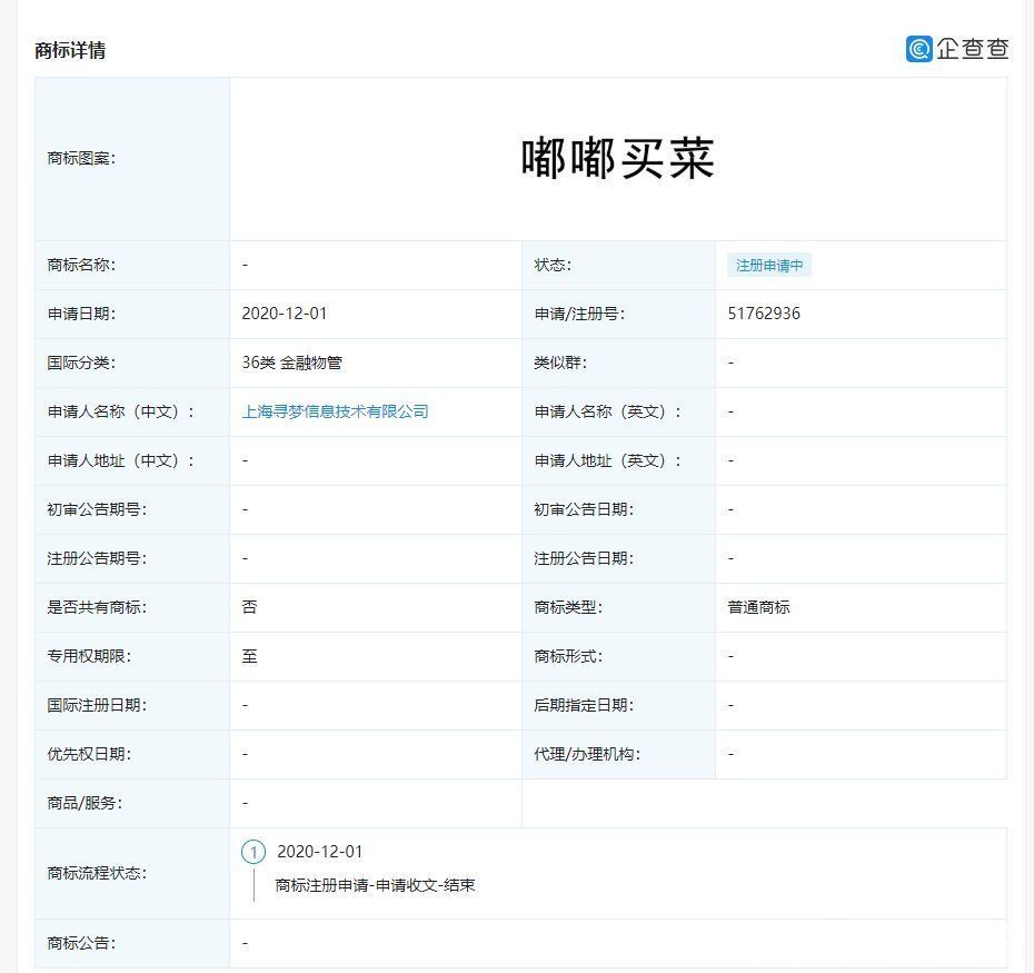 买菜|拼多多申请“嘟嘟买菜”等相关商标
